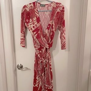 Red and Cream Midi Wrap Dress, M